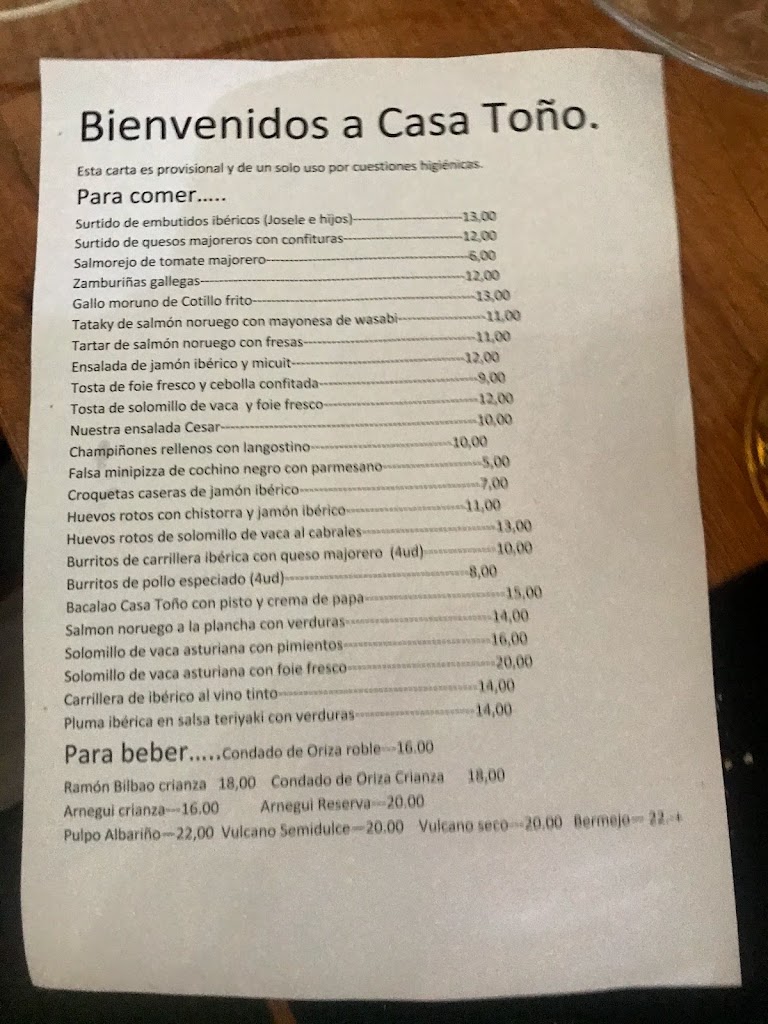 Casa Tono Restaurante — Carta