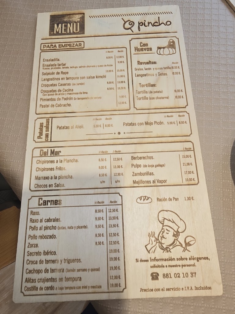 Restaurante O Pincho — Carta