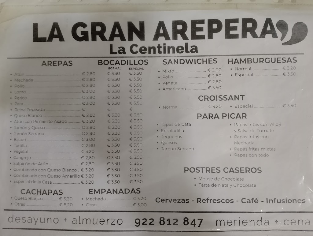 La Gran Arepera La Centinela — Carta