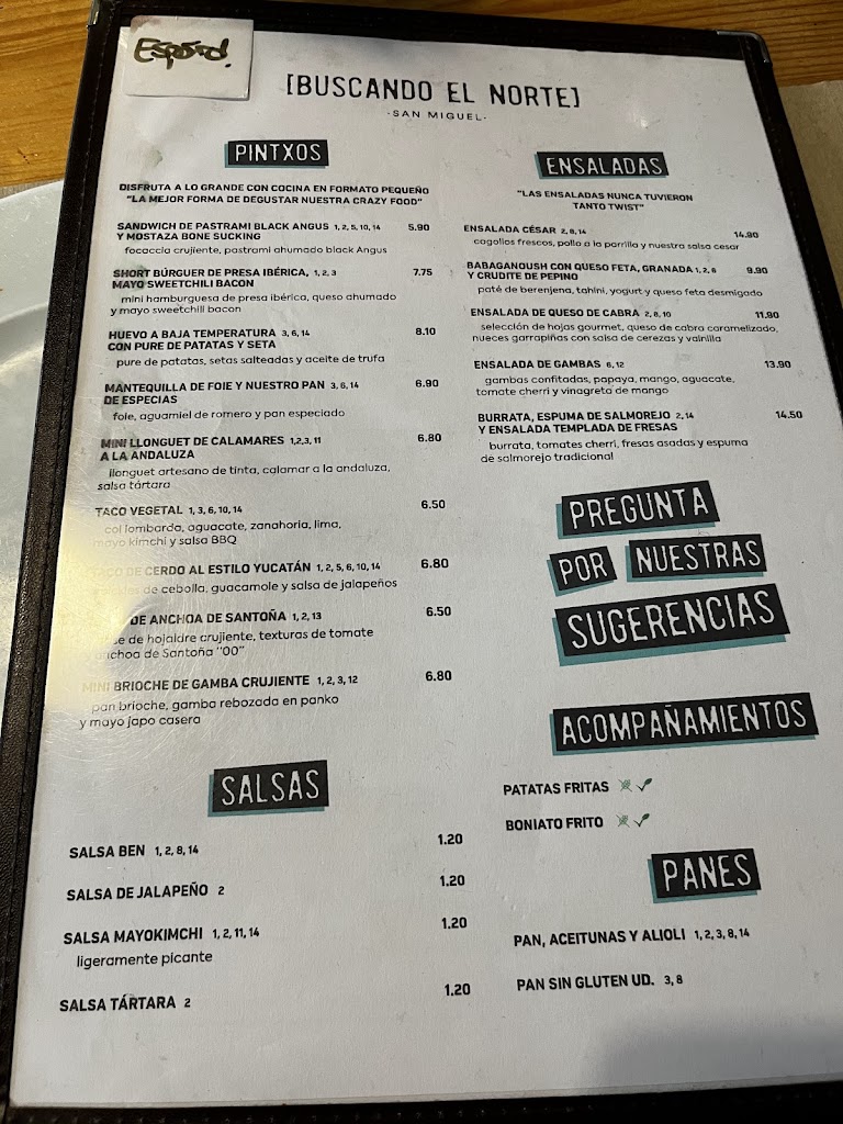 Restaurante Buscando El Norte — Carta