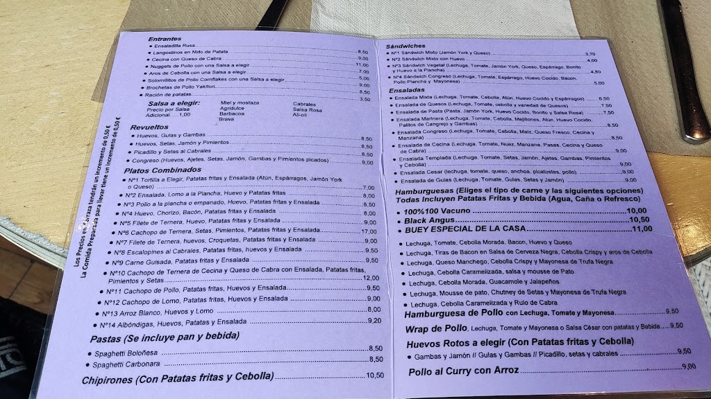 Cafeteria El Congreso — Carta