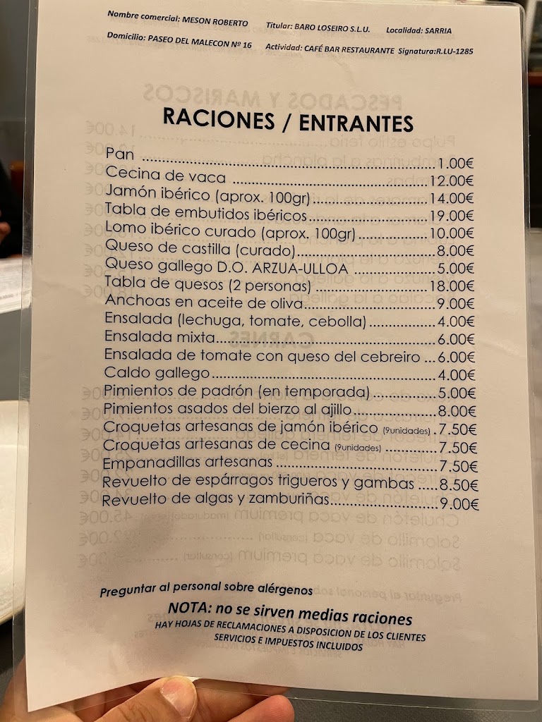 Restaurante Meson Roberto — Carta