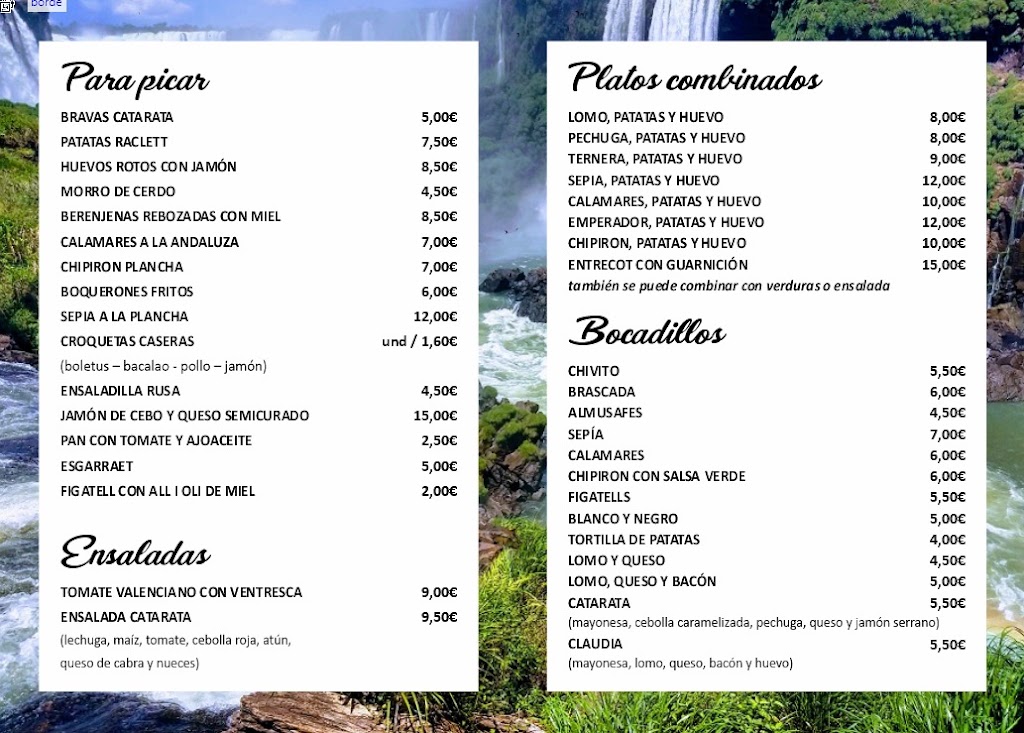 Bar Catarata — Carta
