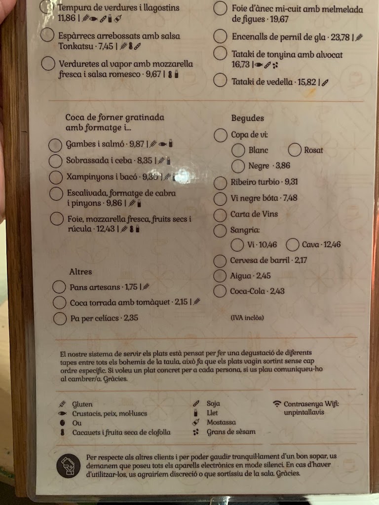 Restaurant El Bohemi — Carta
