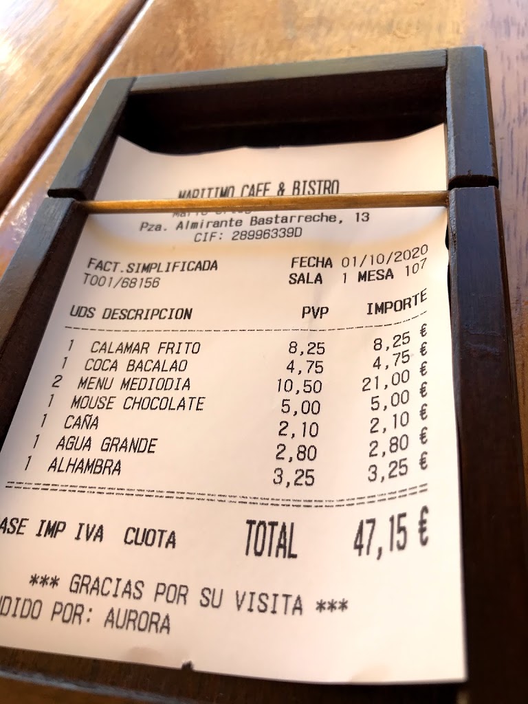 Maritimo Cafe & Bistro — Carta