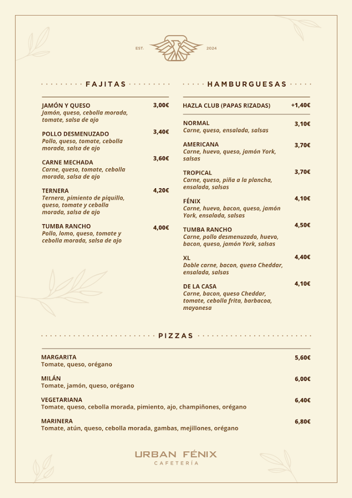 Cafeteria Urban Fenix — Carta