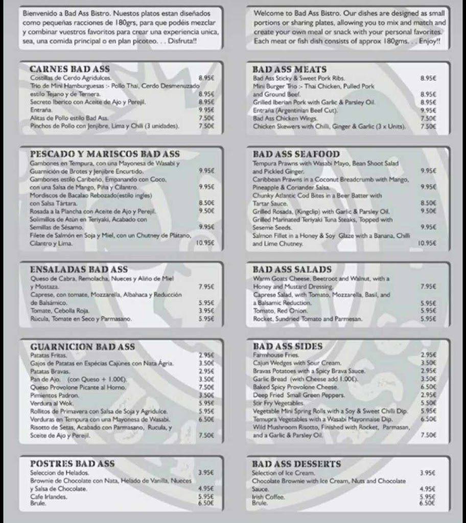Restaurante Bad Ass Bistro — Carta