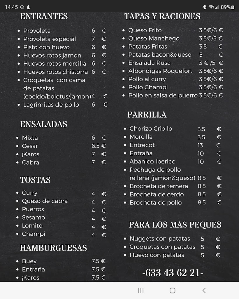 Cafeteria Ikaros — Carta