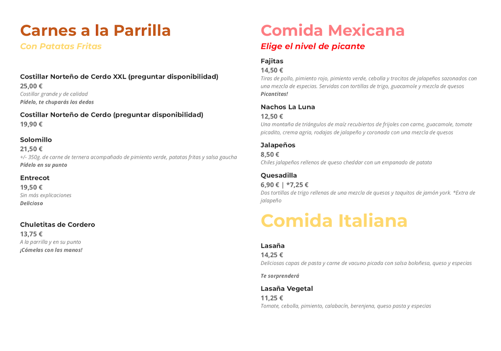 Restaurante Cafe Grill La Luna — Carta