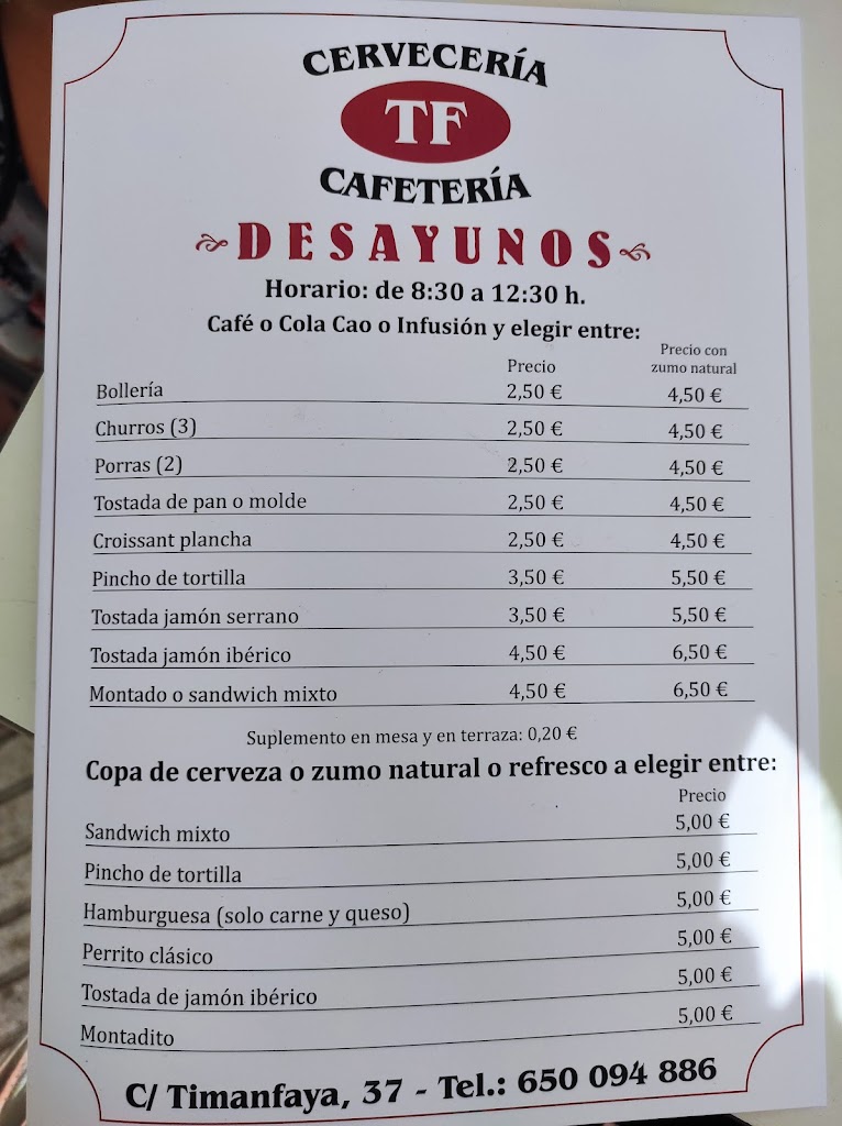 Cerveceria Timanfaya 37 — Carta