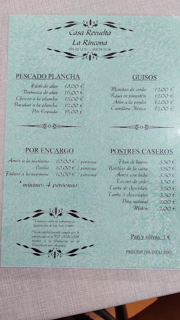 Taberna Casa Revuelta "LA RINCONA ". — Carta