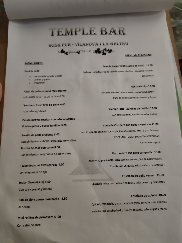 Temple Bar Vilanova — Carta
