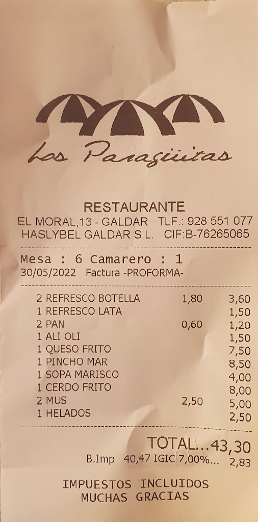 Restaurante Los Paraguitas — Carta