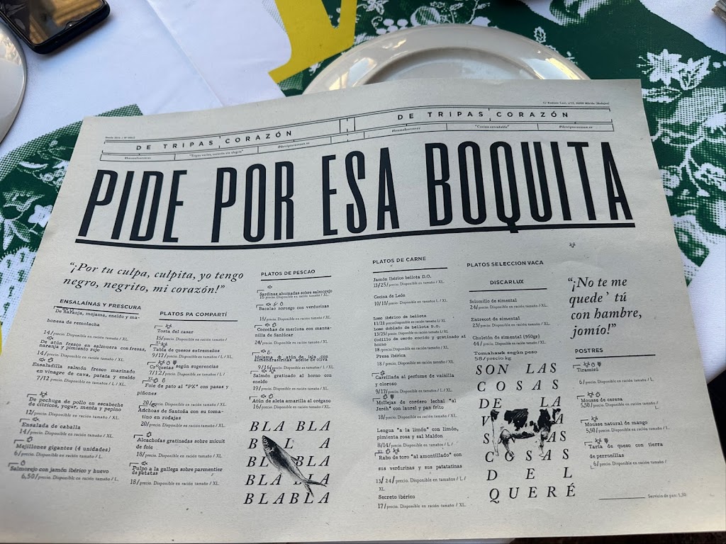 Restaurante De tripas corazon — Carta
