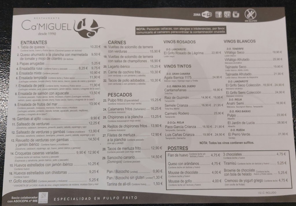 Restaurante Ca'Miguel Playa de Arinaga — Carta