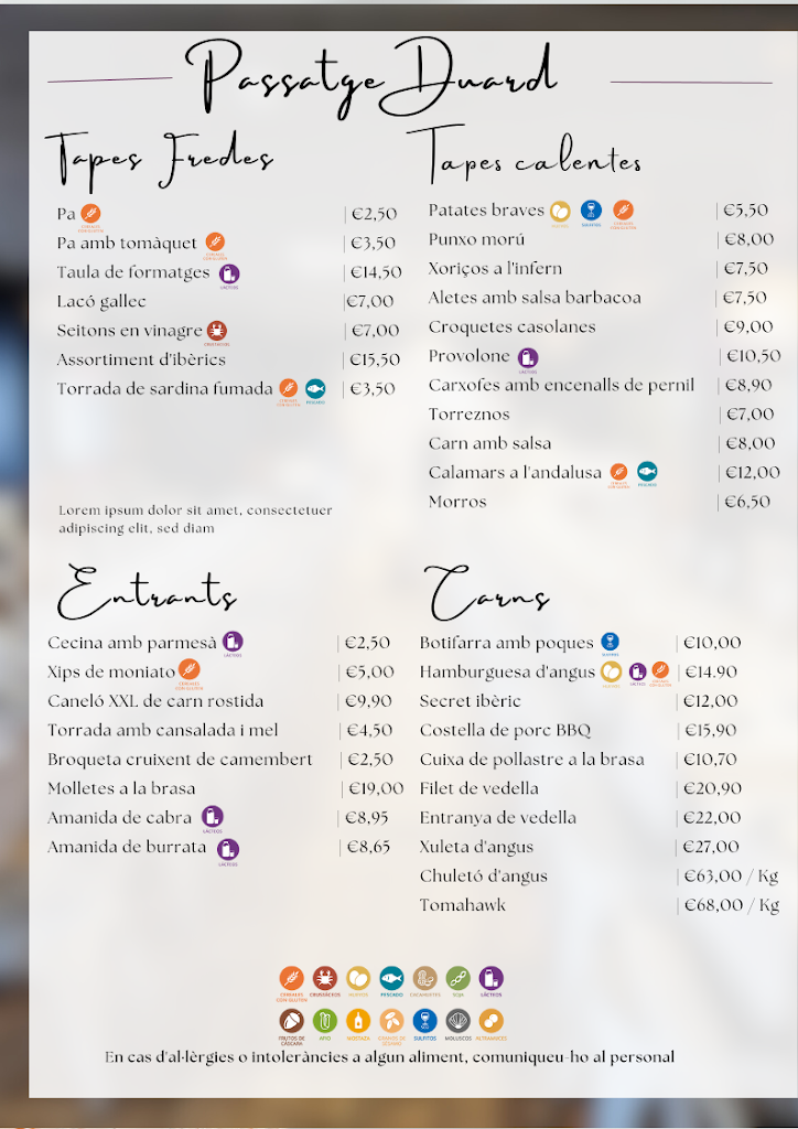 Restaurant Gava Passatge Duard — Carta