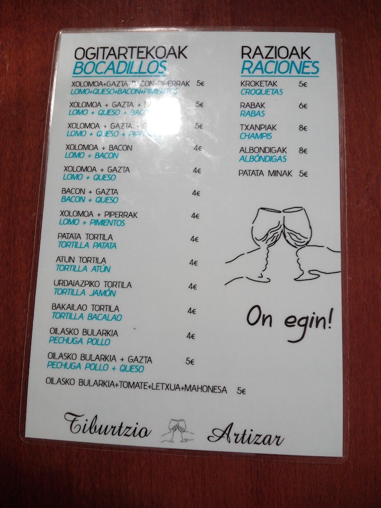 Artizar Taberna — Carta