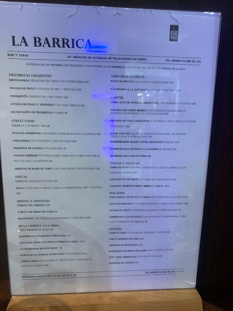 Bar restaurante La Barrica de Villa — Carta
