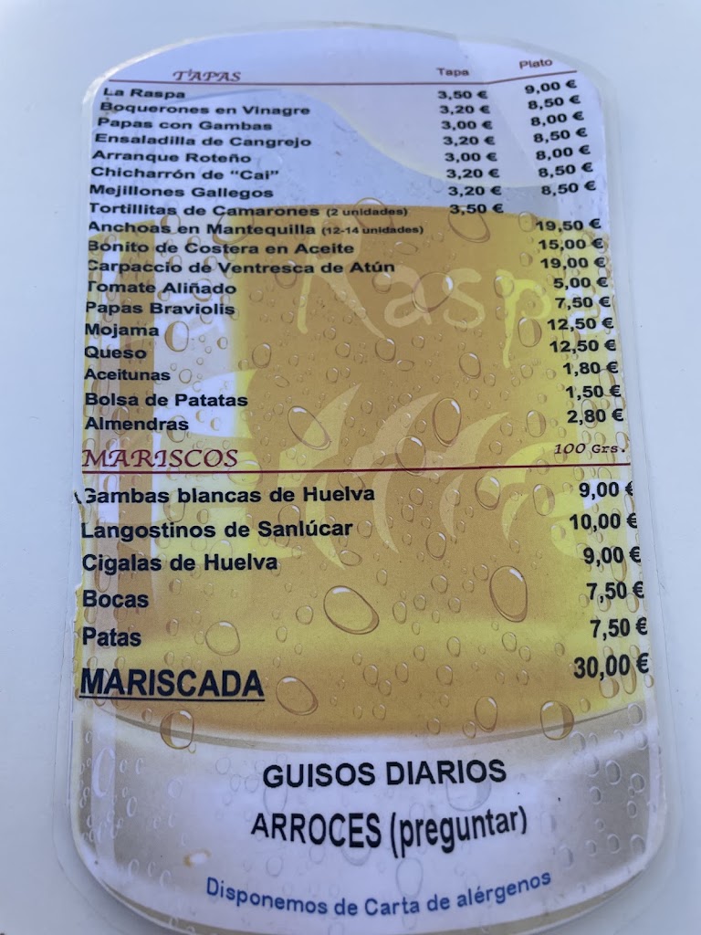 Restaurante La Raspa — Carta