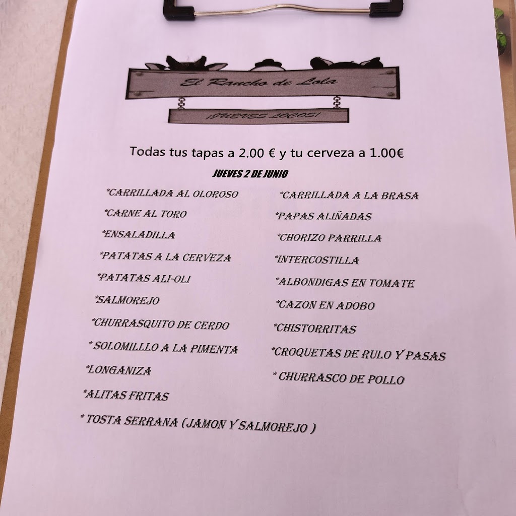 Bar restaurante Rancho de Lola — Carta