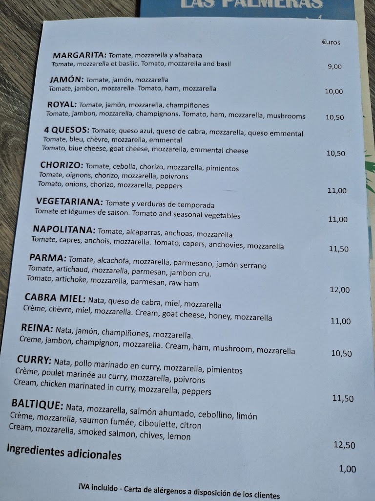 RESTAURANTE/BAR OASIS DE LAS PALMERAS — Carta