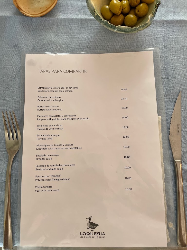 Loqueria, vino natural y tapas — Carta