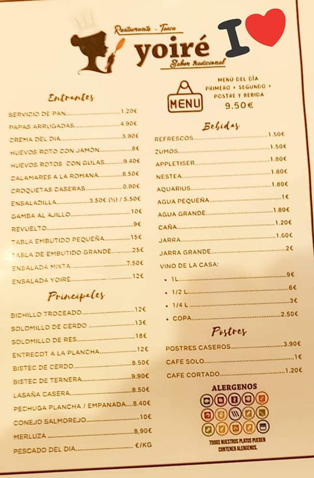Tasca Restaurante Yoire — Carta