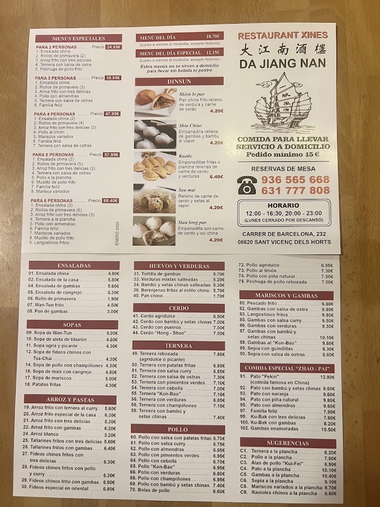 Restaurante Da Jiang Nam — Carta