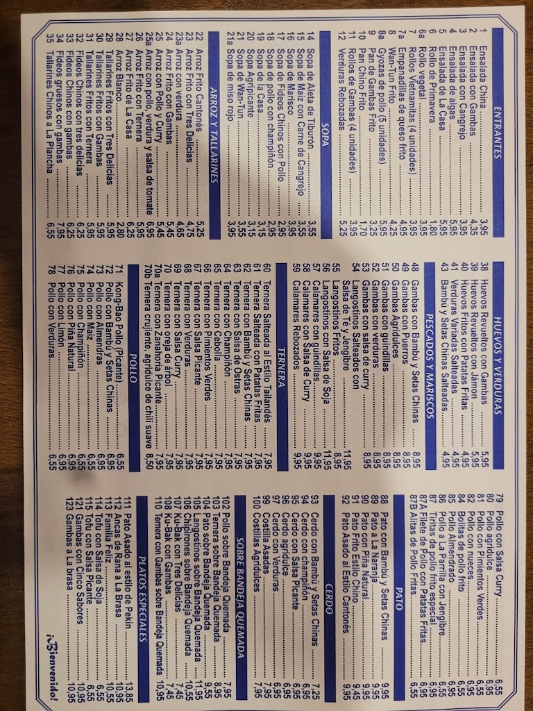 Restaurante yinhe — Carta
