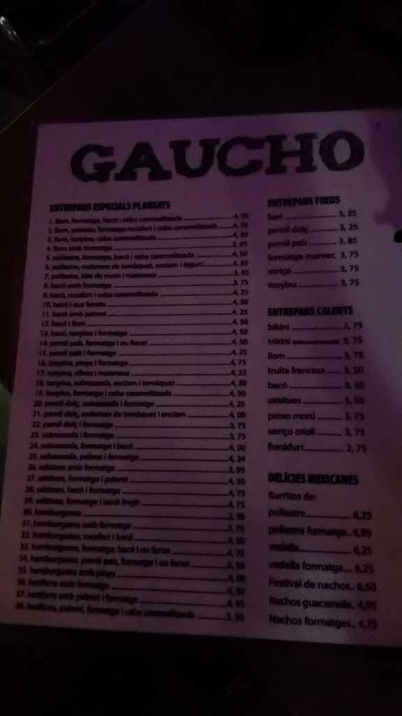 Cafe Gaucho — Carta