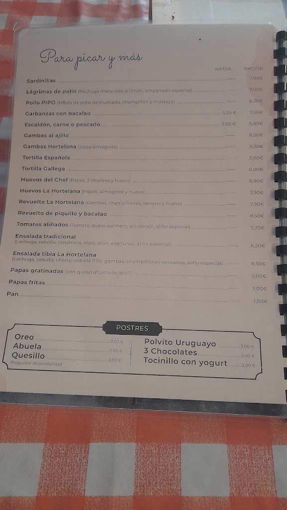 Tasca la hortelana — Carta