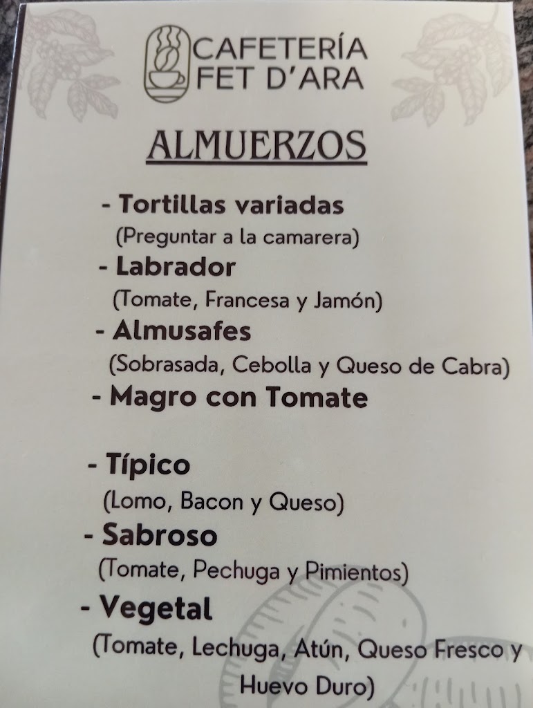 Cafeteria Fet D'Ara — Carta