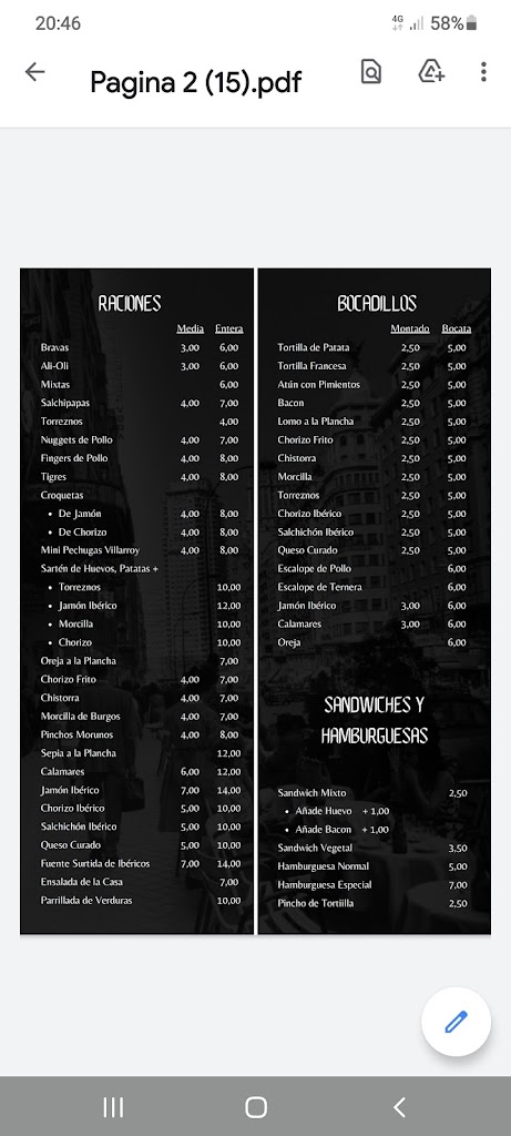 Bar El Rey del Torrezno — Carta