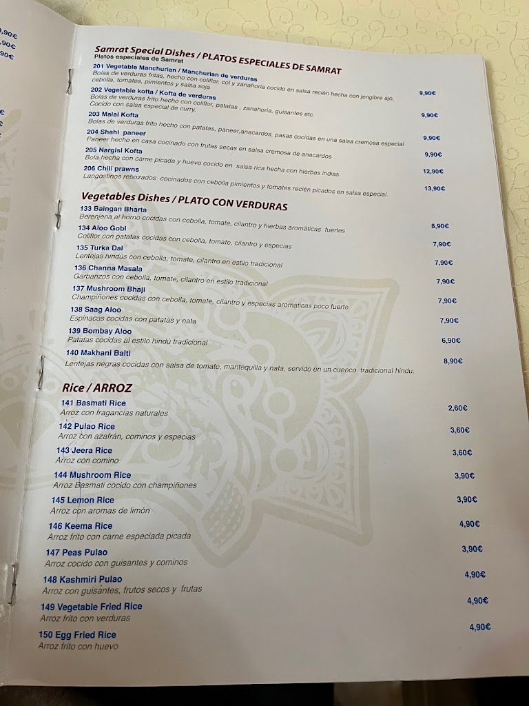 "Samrat" Restaurante Hindu — Carta