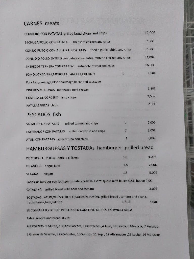 Bar Restaurante La Cruz — Carta