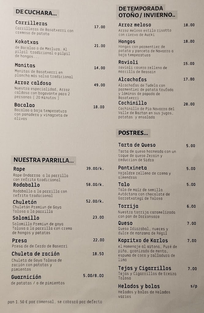Zumardi Jatetxea — Carta