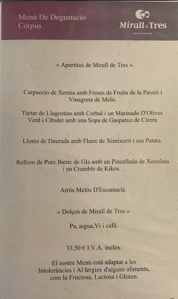 Restaurante Mirall de Tres cuina d'Autor — Carta