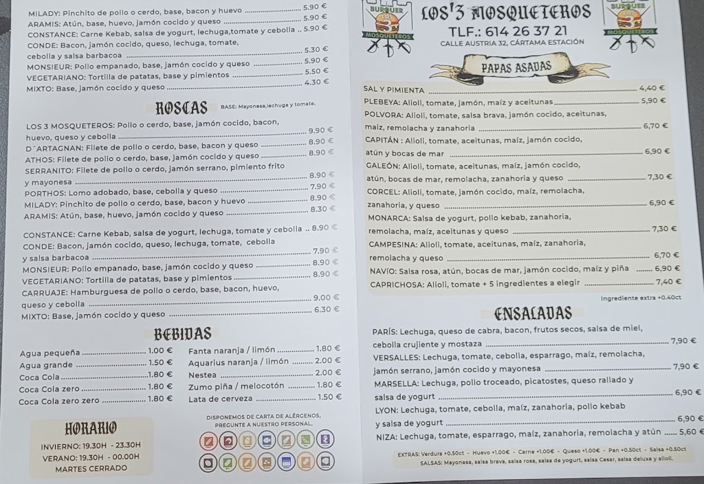 Burguer los 3 mosqueteros — Carta