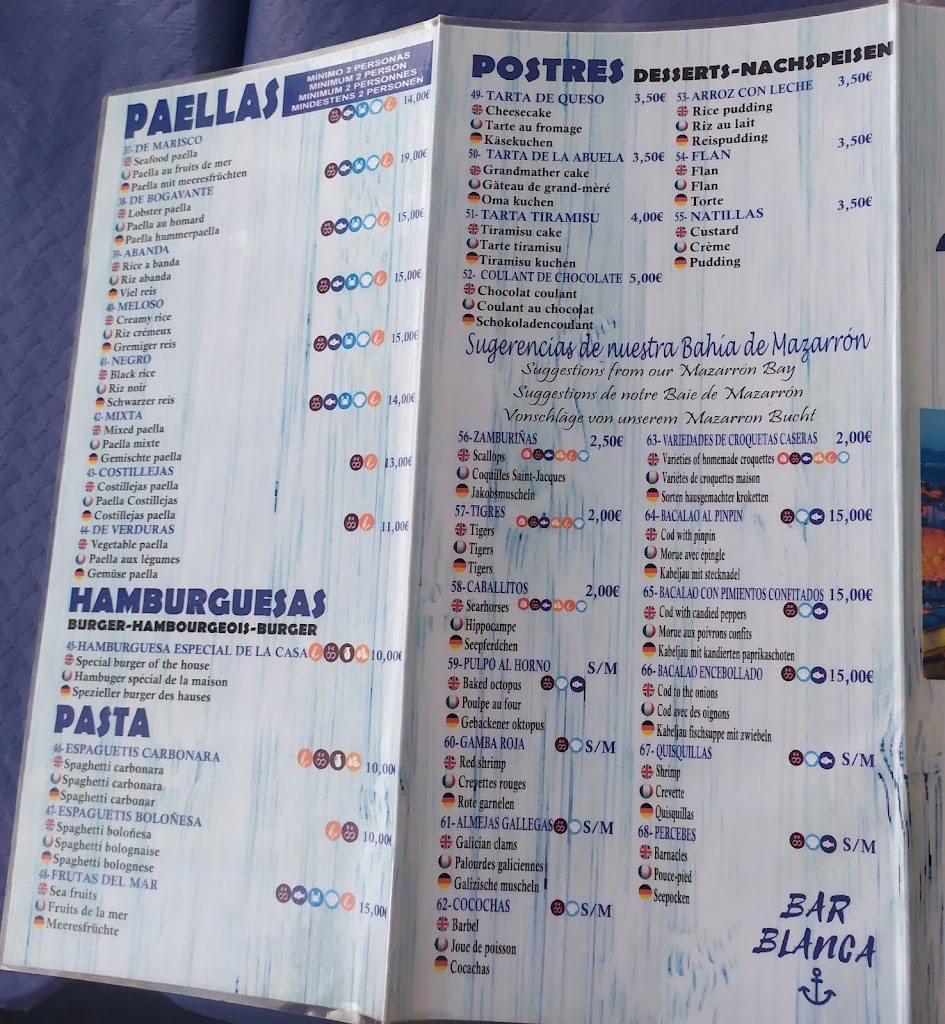 Restaurante Blanca — Carta