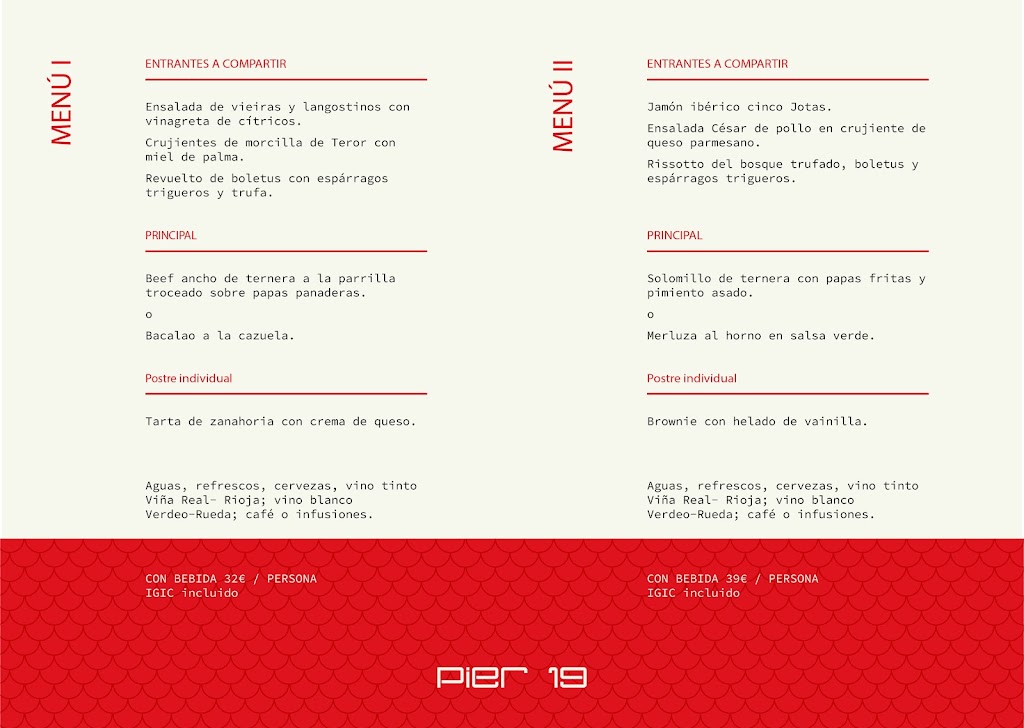 Restaurante Pier 19 — Carta