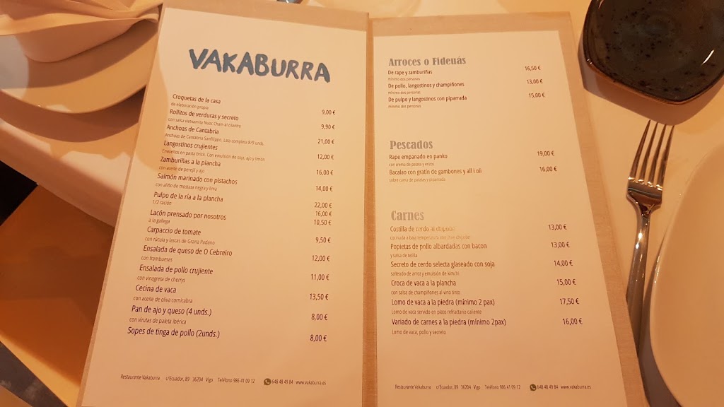 Vakaburra Restaurante — Carta