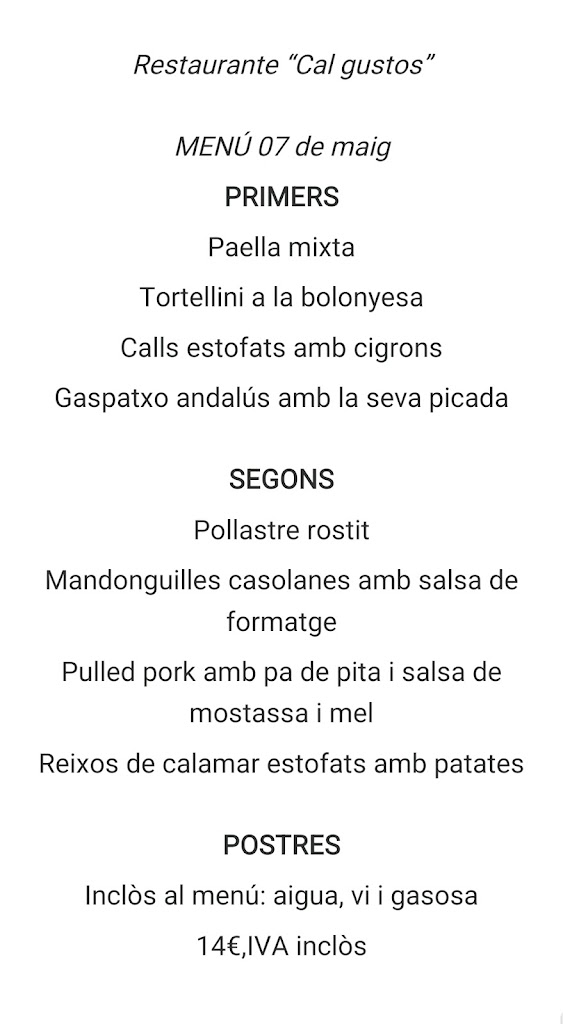 Restaurante Cal Gustos — Carta
