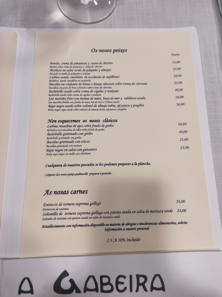 Restaurante A Gabeira — Carta