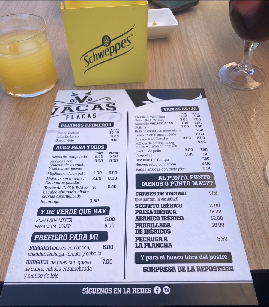 Restaurante VACAS FLACAS — Carta