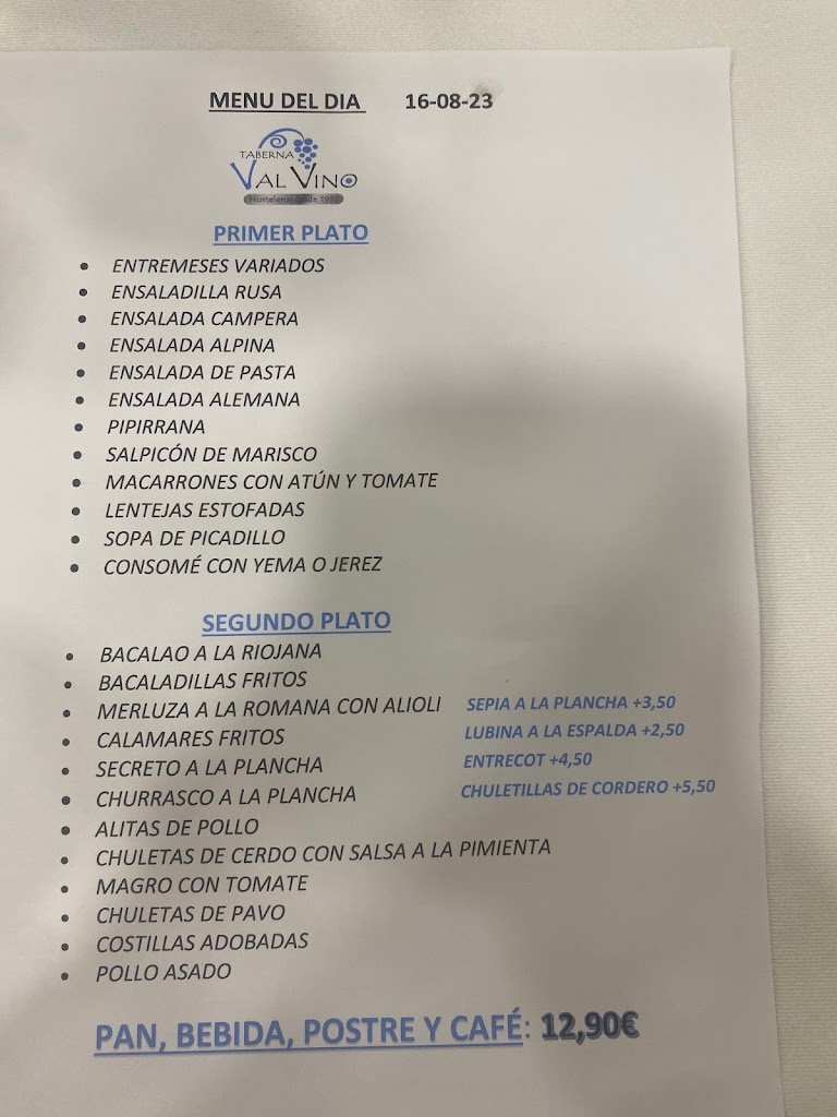 Taberna Val Vino — Carta