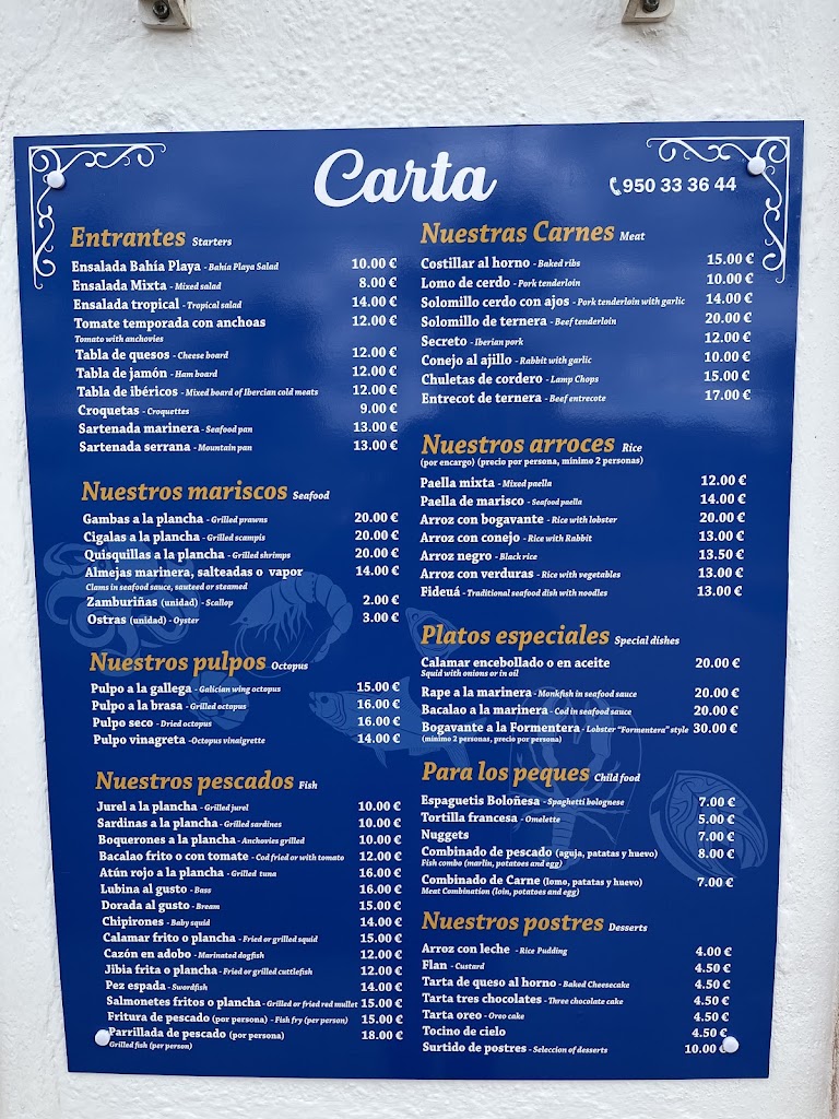 Chiringuito Bahia Playa — Carta