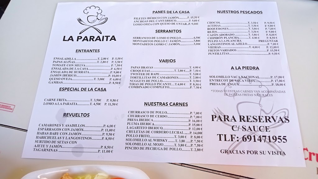 Bar La paraita 2 — Carta