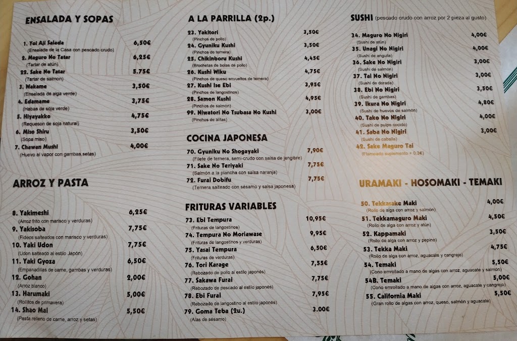 Restaurante japones Yoi Aji Hao Wei — Carta