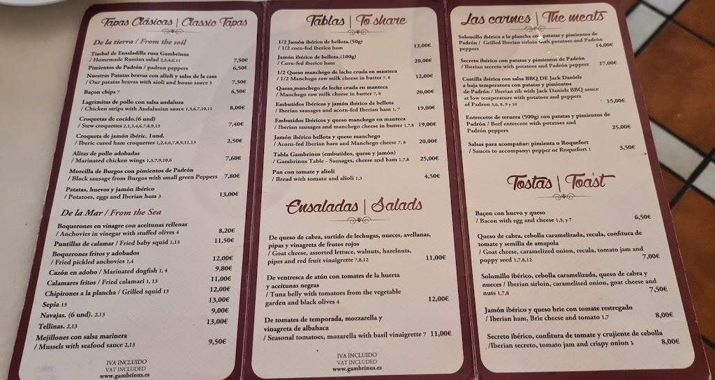 Cerveceria Gambrinus Benicassim — Carta