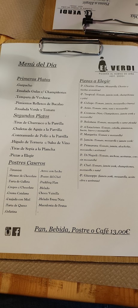Restaurante Pizzeria El Verdi — Carta